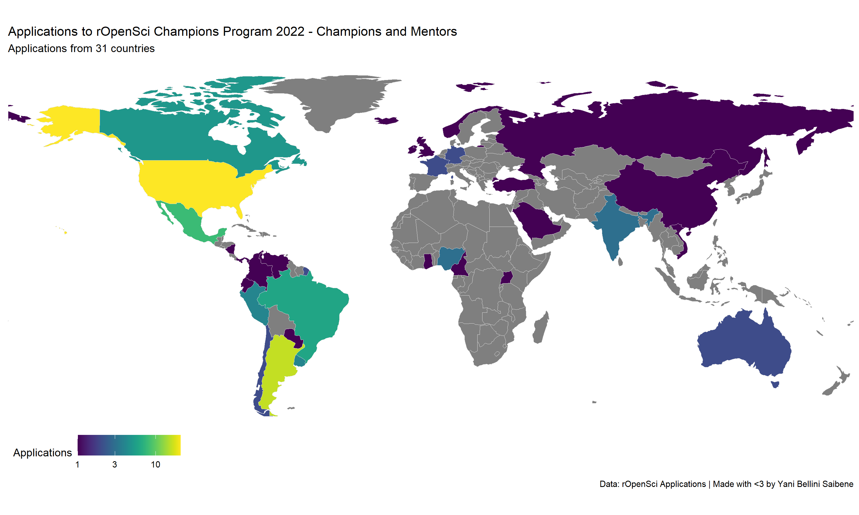 World Maps with the applicant's countries colored. The map shows America almost all painted and then some few countries from Asia, Africa, Europe and Oceania.