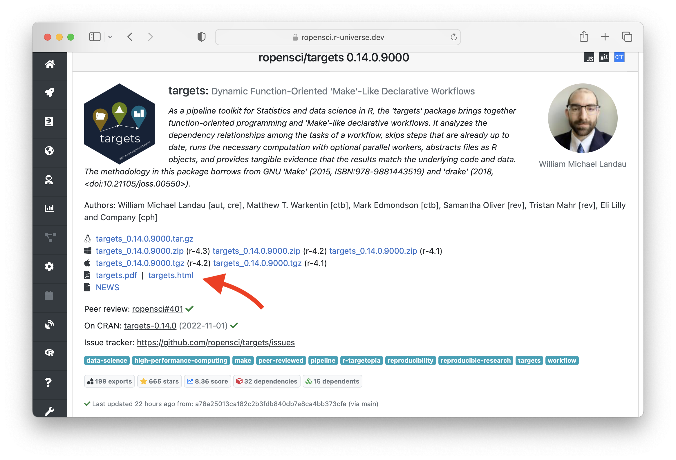 screenshot from the targets webpage on r-universe