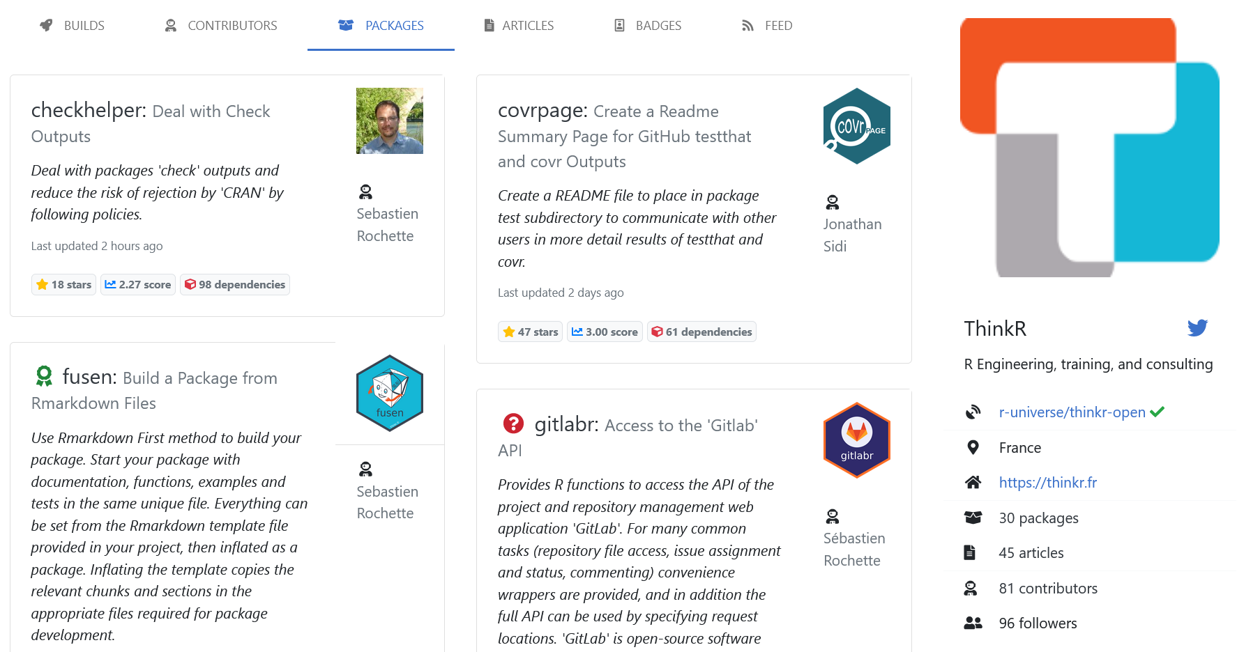 Screenshot of the ThinkR R-universe landing page featuring packages 'checkhelper', 'fusen', 'covrpage', and 'gitlabr'